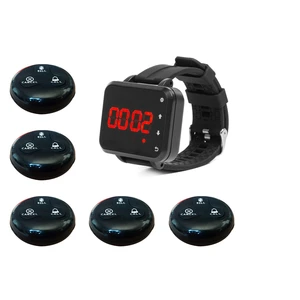 Wireless Pager Restaurant Service Calling System with 5pcs Call Transmitter Button +1pc 4-Digit Watch Receiver