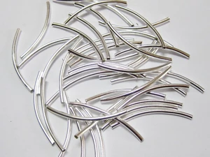 100 Silver Tone Smooth Curved Tube Spacer Beads 2X35mm