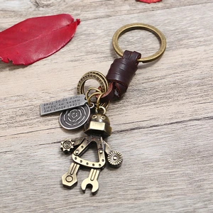New Fashion Mini Genuine Leather Punk Vintage Robot Pendant Key Chains Alloy Robot Men's Leather Jewelry Accessries Wholesale