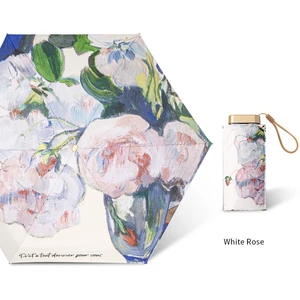 Totes Micro Mini Manual Compact Umbrella, Rose Oil Painting Umbrella, Pink With Multicolored Flowers,Travel Umbrella For Woman