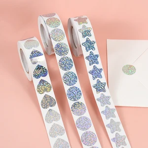 500Pcs/ Roll 1 Inch Laser Love Heart Star Round Shape Rainbow Glitter Sealing Sticker DIY Andmade Decorative Labels Scrapbooking