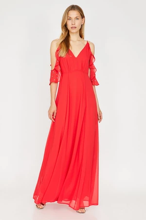 Koton Dámské červené V-výstřih rukáv Detailní volánky Detailní Maxi šaty