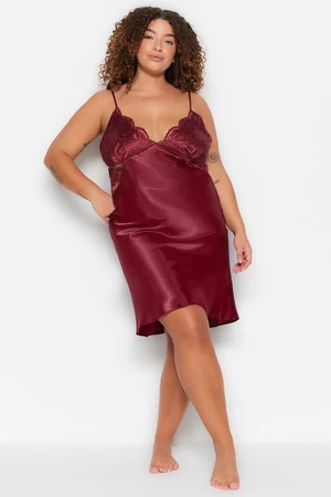 Trendyol Curve Claret Red Satin Nightgown with Woven Lace