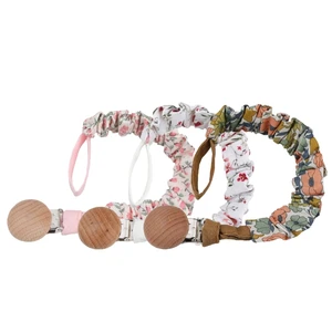 C5AA 3Pcs Chain Fabric Girls Boys Infant Toddlers Baby Pacifier Holder with Wood Clip Pacifier Clips Teething Soother
