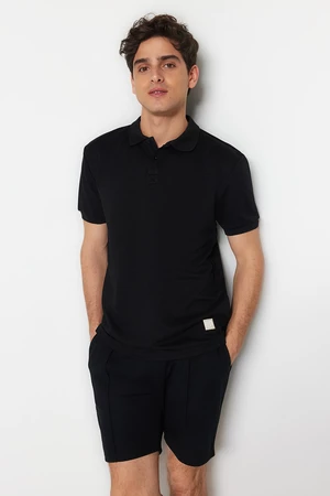 Trendyol Black Regular/Regular Fit Short Sleeve Label Appliqué Polo Neck T-shirt