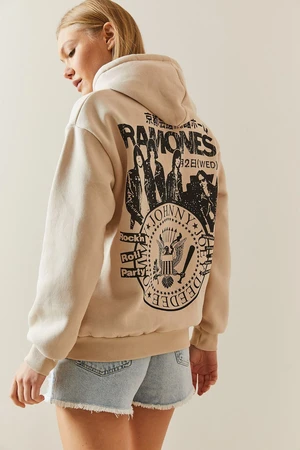 XHAN Cream Charcoal & Back Printed Hooded Sweatshirt