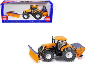 New Holland T7070 Tractor with Ploughing Plate and Salt Spreader Yellow 1/50 Diecast Model by Siku