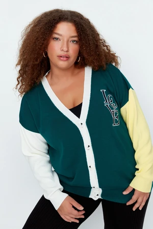 Trendyol Curve Green Color Block Embroidery Detailed Knitwear Cardigan