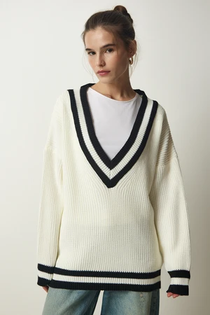 Happiness İstanbul Women's Bone V Neck Ribbon Detailed Oversize Knitwear Sweater
