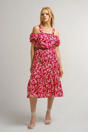 armonika Women's Red Patterned Dress with Straps and Elastic Waist