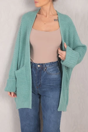 armonika Women's Turquoise Thessaloniki Knit Pocket Double Sleeve Knitwear Cardigan