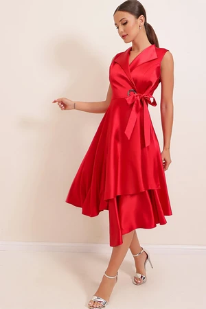 By Saygı Double Breasted Neck Laced Satin Dress