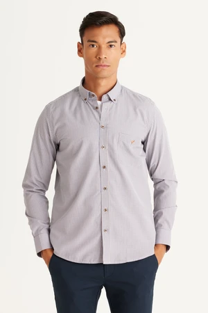 AC&Co / Altınyıldız Classics Men's Navy Blue-Mustard Slim Fit Slim Fit Button Collar Logo Pocket Cotton Striped Shirt