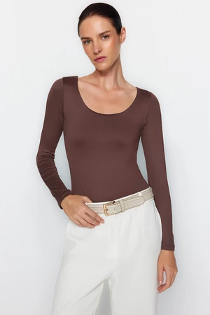 Trendyol Brown Fitted/Situated Crewneck Collar Soft Fabric, Flexible With Snap Buttons Knitted Body