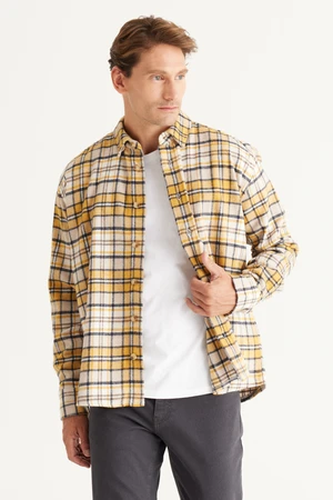 AC&Co / Altınyıldız Classics Men's Yellow Beige Oversize Loose Cut Button Collar Plaid Patterned Lumberjack Winter Shirt Jacket