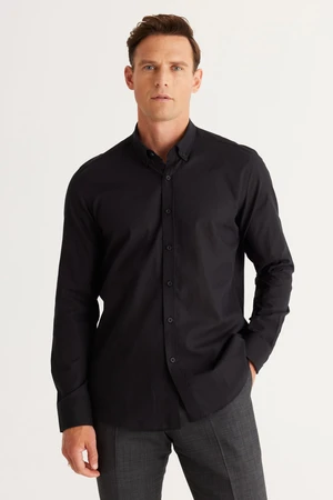 AC&Co / Altınyıldız Classics Men's Black Tailored Slim Fit Slim-fit Oxford Buttoned Collar Linen-Looking 100% Cotton Flared Shirt.