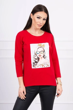 Blouse with graphics of a girl in glasses 3D red