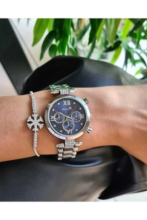 Polo Air Sport Stylish Women's Wristwatch and Zircon Stone Snowflake Bracelet Combination Silver Blue Color