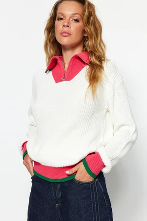 Trendyol Ecru Color Block Hoodie Collar Knitwear Sweater