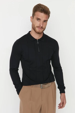 Trendyol Navy Blue Men's Slim Fit Polo Collar Zippered Knitwear Sweater