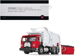 Peterbilt 520 Refuse Garbage Truck with Wittke Front Loader and Trash Bin Red and White 1/34 Diecast Model by First Gear