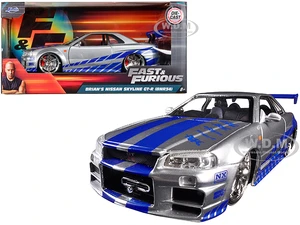 Brians Nissan GTR Skyline R34 RHD (Right Hand Drive) Silver with Blue Stripes "Fast &amp; Furious" Movie 1/24 Diecast Model Car by Jada