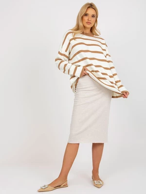 Light brown and ecru striped oversized sweater with stand-up collar by RUE PARIS