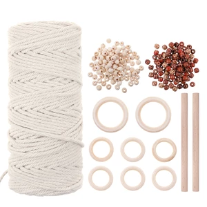 Jeteven Natural Macrame Cord 3mm Cotton Cord with 8pcs Wood Ring and 2 Wooden Stick for DIY Craft Braided Wire