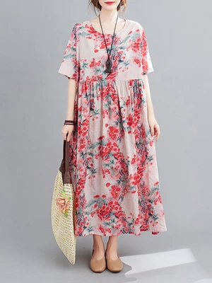 Plus Size Women Print Vintage Half Sleeve Loose Maxi Dresses