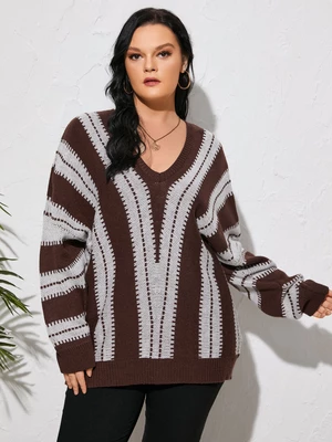 Plus Size Brown V-neck Striped Long Sleeves Sweater
