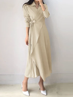 Solid Cross Front Tie Pleated Long Sleeve Lapel Shirt Dress