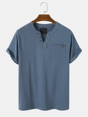 Men Cotton Henley Collar Solid Chest Pocket Short Sleeve Regular Fit Soft T-Shirts