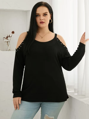 Plus Size Cold Shoulder Jewelled Long Sleeves Tee
