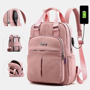 Women Nylon Waterproof Casual Patchwork Backpack With USB Charging Port For Outdoor School