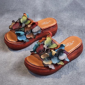 Socofy Handmade Leather Holiday Floral Platform Casual Beach Sandals