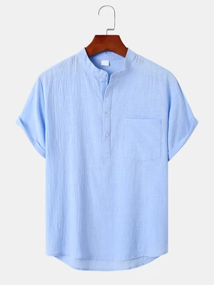 Mens Solid Color Half Button Short Sleeve Henley Shirts