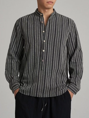 Mens Ethnic Striped Stand Collar Half Buttons Long Sleeve Shirts
