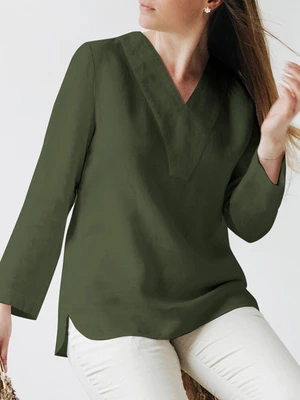 Cotton Solid Split V Neck Long Sleeve Casual Blouse