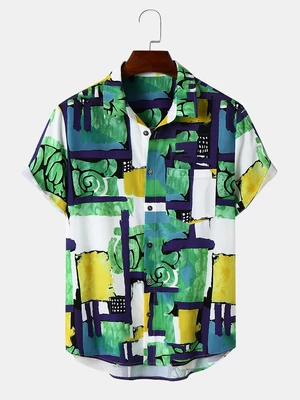 Mens Color Brushwork Chest Pocket Hawaii Style Shirts