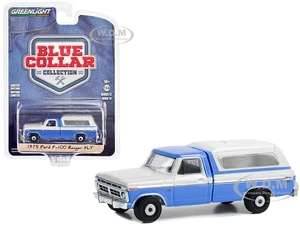 1975 Ford F-100 Ranger XLT Pickup Truck with Camper Shell Wind Blue and Wimbledon White "Blue Collar Collection" Series 12 1/64 Diecast Model Car by