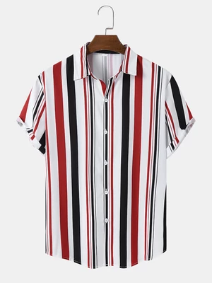 Mens Vertical Striped Button Up Daily Short Sleeve Shirts