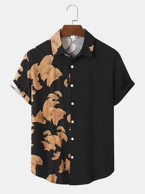 Mens Contrast Print Patchwork Button Up Short Sleeve Shirts