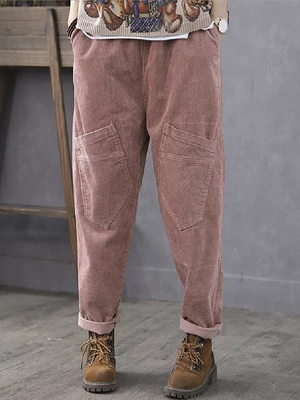 Women Corduroy Cargo Style Elastic Waist Pants With Multi Pocket
