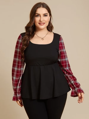 Plus Size Square Neck Plaid Patchwork Design Long Sleeves Tee
