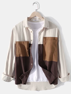 Mens Cotton Colorblock Patchwork Loose Double Pockets Long Sleeve Shirts