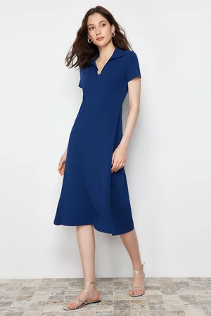 Trendyol Navy Blue Polo Neck Skater/Waist Opening Cotton Stretchy Knitted Midi Dress