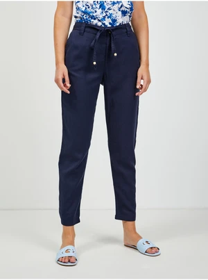 Dark blue shortened linen chino trousers with ORSAY binding - Women