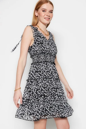 Trendyol Black Waist Opening Mini Woven Gimped Detailed Patterned Woven Dress