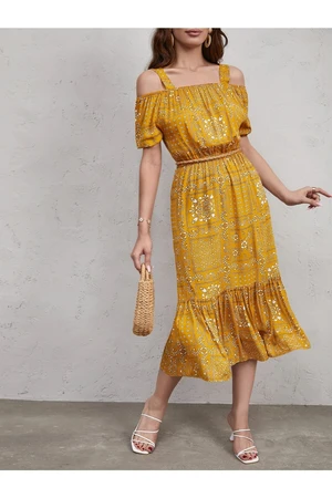 armonika Women's Mustard Checkered Floral Patterned Strapless Elastic Waist Dress