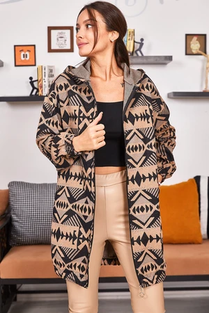armonika Women's Beige Patterned Zippered Hooded Trench Coat